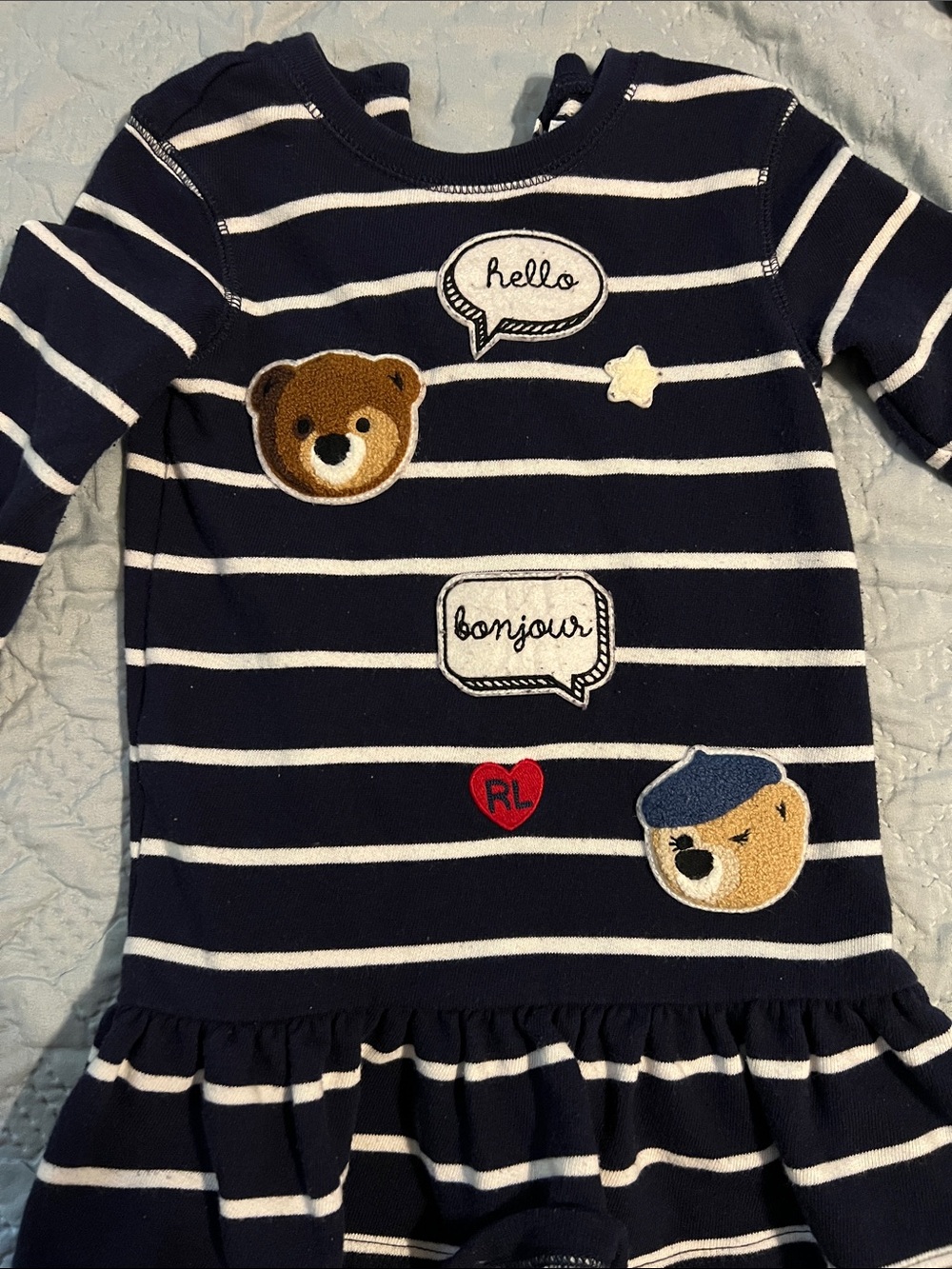 Ralph Lauren Navy & White Striped Kids Sweater Dress with Bear Patches